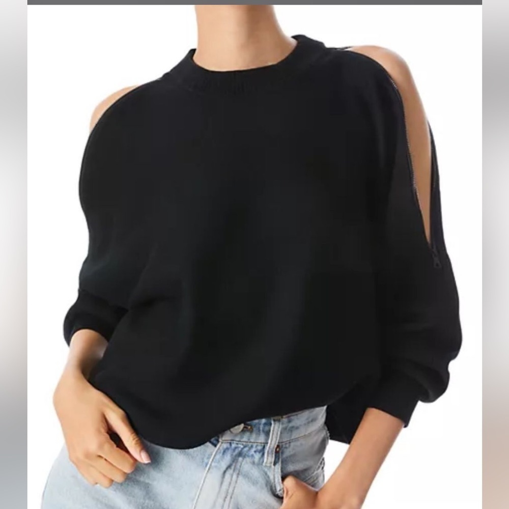 Alice & Olivia Women’s Tera Cut Out Shoulder Zip Sweater Cold  Shoulder Black XL